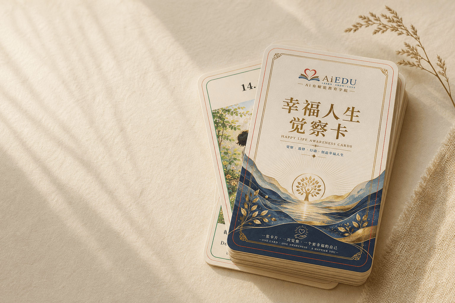幸福人生觉察卡置于温暖纸面上的卡组